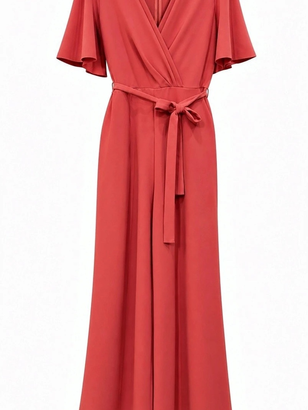 NWOT Donna Morgan Short Flutter Sleeve Wrap Front Crepe Jumpsuit Coral Medium